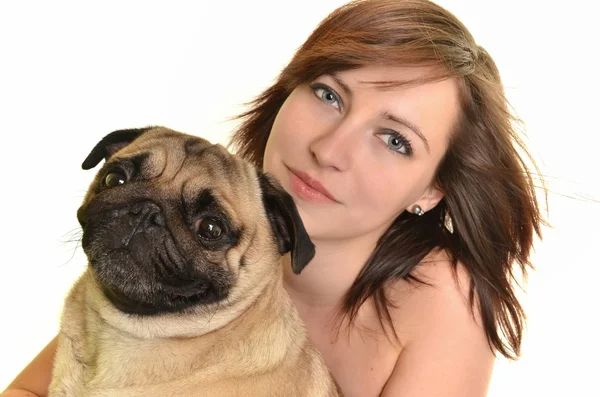 Жінка з собакою ізольована на білому тлі — стокове фото