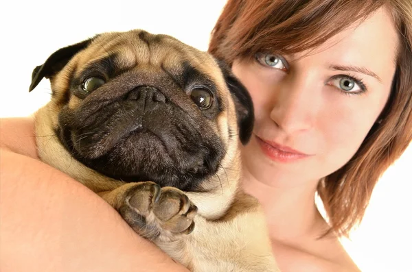 Beyaz arka plan üzerinde izole köpek ile kadın — Stok fotoğraf