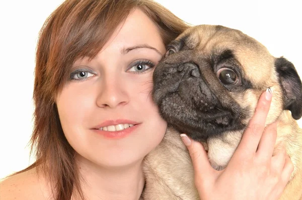 Beyaz arka plan üzerinde izole köpek ile kadın — Stok fotoğraf