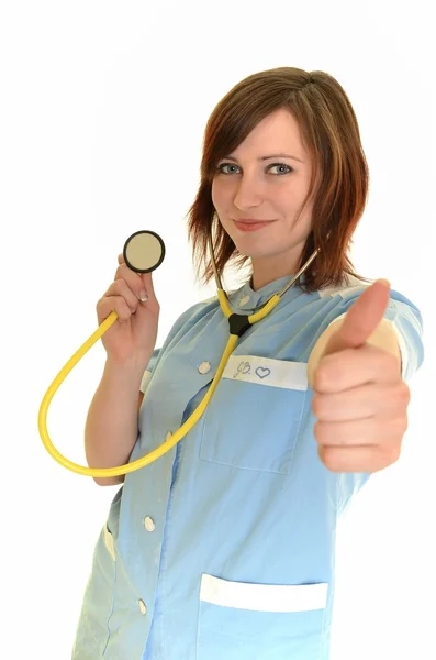 Χαμογελαστή γυναίκα γιατρός με το στηθοσκόπιο. απομονωθεί σε λευκό φόντο — Φωτογραφία Αρχείου