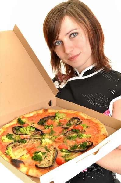 Pizza elszigetelt fehér fiatal nő portréja — Stock Fotó