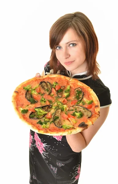 Retrato de jovem com pizza isolada em branco — Fotografia de Stock