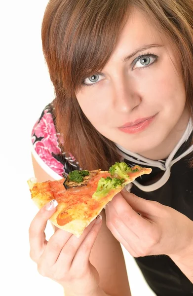 Portrait of young woman with pizza isolated on white — Stock Photo, Image