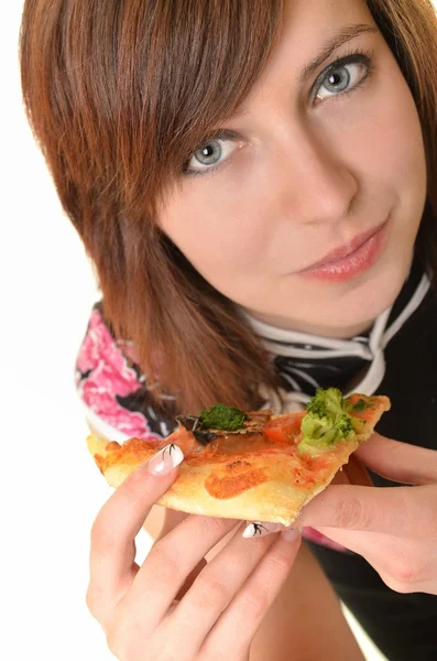 Pizza elszigetelt fehér fiatal nő portréja — Stock Fotó