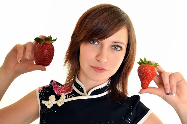 stock image Young woman with strawberry.