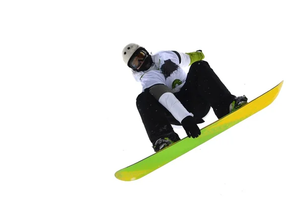 Snowboarder en salto inhigh montañas en día soleado. —  Fotos de Stock