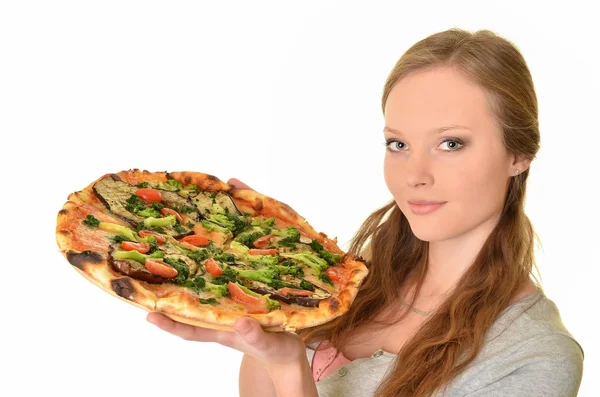 Lány, elszigetelt fehér pizzát eszik — Stock Fotó
