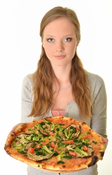 Ragazza mangiare pizza isolato su bianco — Foto Stock
