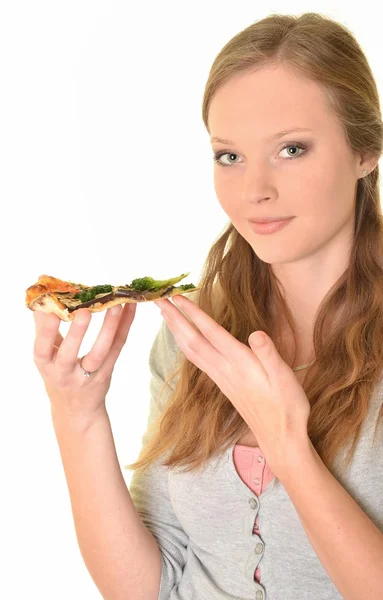 白で隔離されるピザを食べる少女 — ストック写真