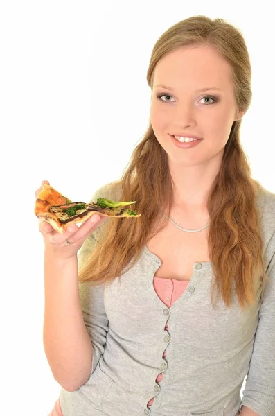 Ragazza mangiare pizza isolato su bianco — Foto Stock
