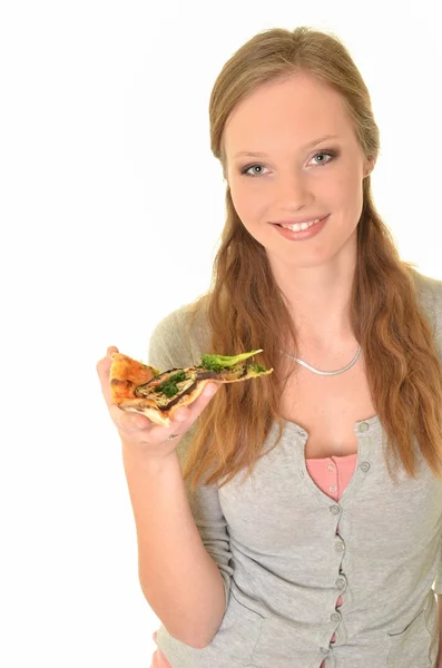 Dziewczynka jedzenie pizzy na białym tle — Zdjęcie stockowe