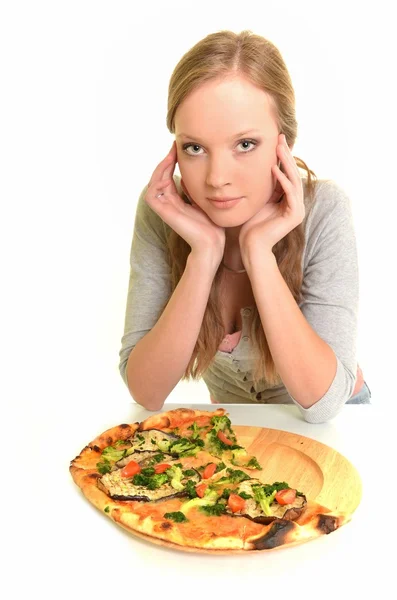 Sexig kvinna med pizza — Stockfoto