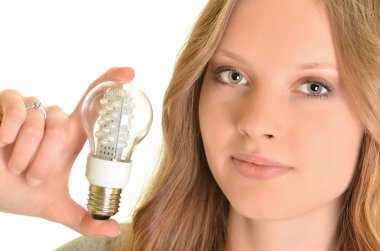 Sexy woman with diode bulb isolated on white clipart