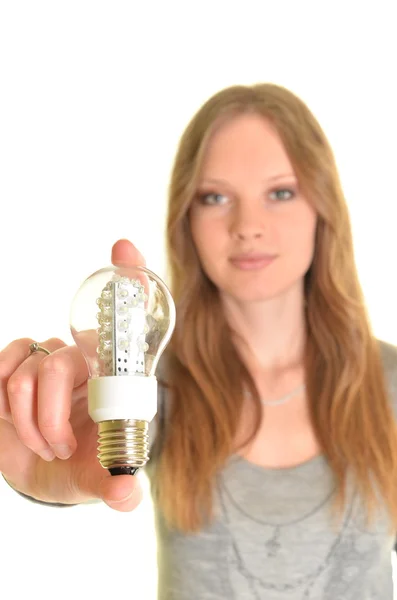 性感的女人在白色隔离二极管灯泡 — 图库照片