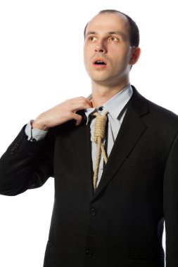 Businessman with gallow tie taking a breath clipart