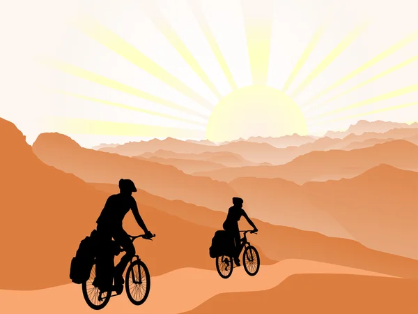 Ζευγάρι των ποδηλατών που ταξιδεύουν στα βουνά — Διανυσματικό Αρχείο
