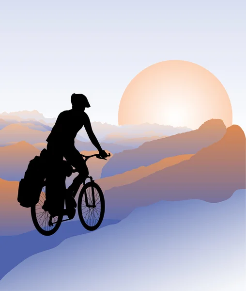 Silueta ciclistului care călătorește în munți — Vector de stoc