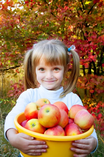 Little girl with fresh vegetables in garden — Stock Photo, Image