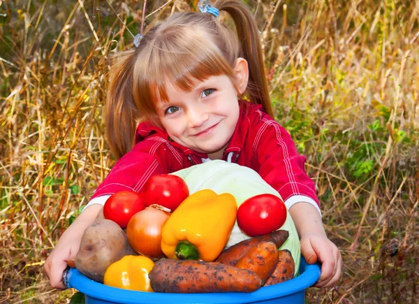 Meisje met verse groenten in de tuin — Stockfoto