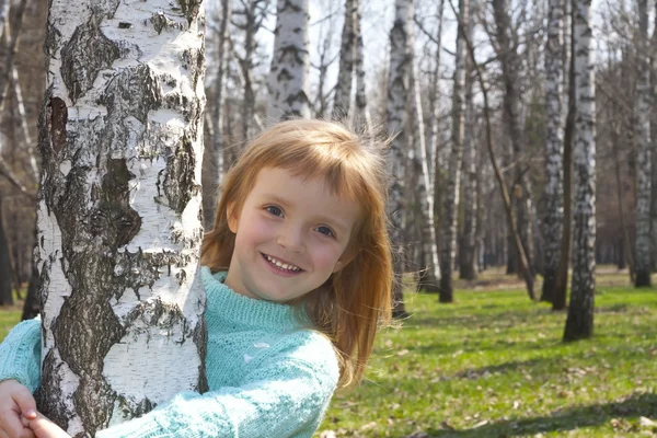 Lachende meisje in berk grove — Stockfoto