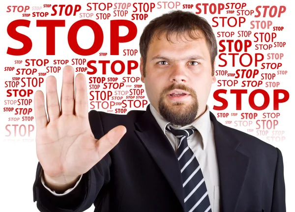 Man denies gesture. Background with the words Stop — Stock Photo, Image