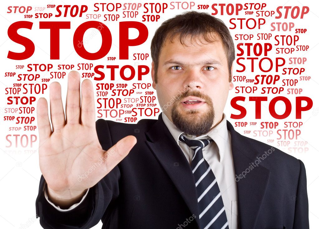 Man denies gesture. Background with the words Stop