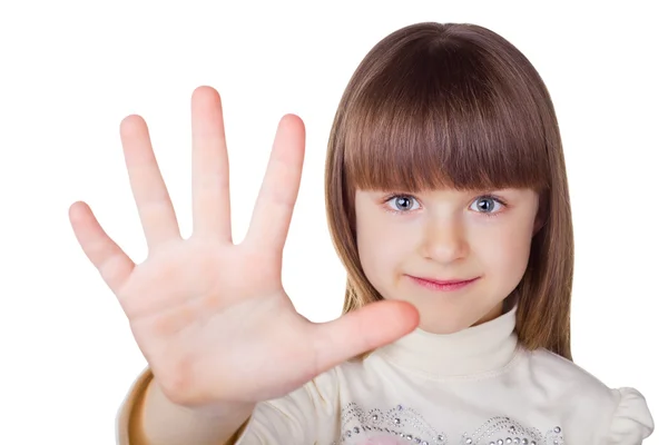 Ένα μικρό κορίτσι δείχνει χειρονομία — Φωτογραφία Αρχείου