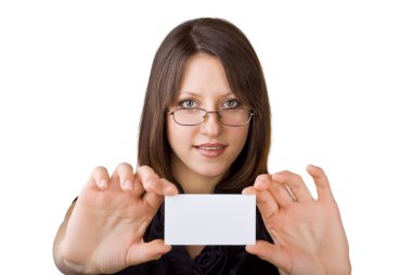 Beautiful business woman showing a business card clipart