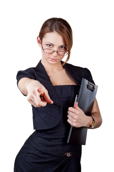 Mulher de negócios mostrando o dedo indicador — Fotografia de Stock