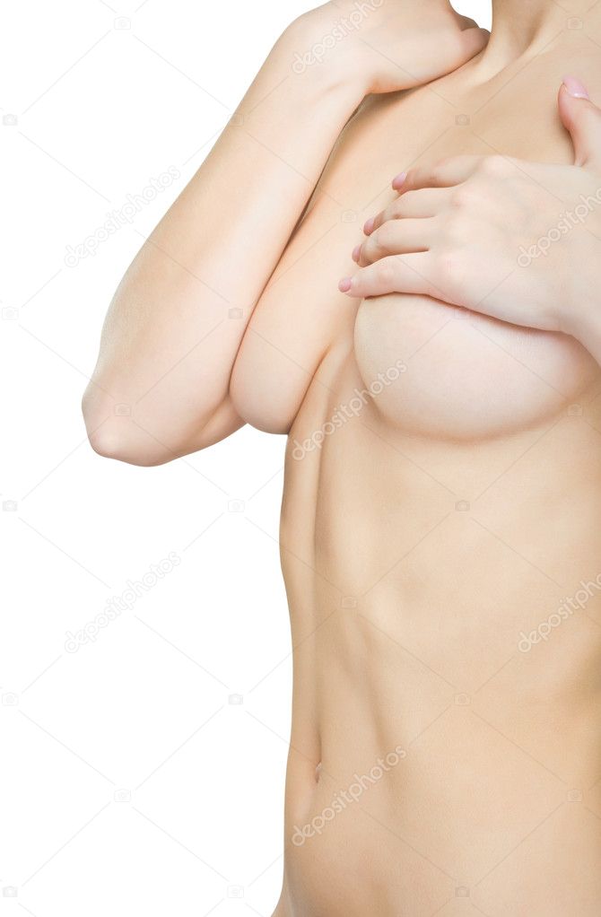 Sexy beautiful woman covering her nude breast