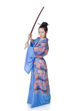 samuray kılıcı ile bir kimono güzel kadın