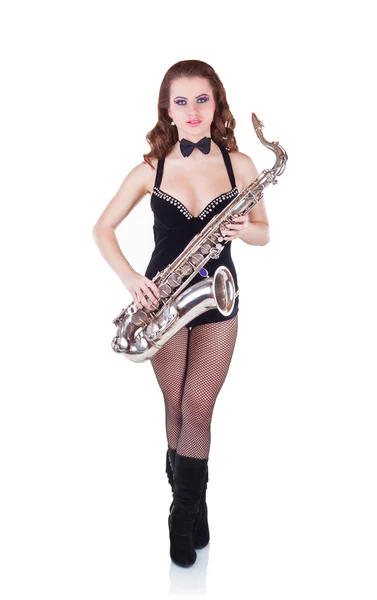 Hermosa chica con saxofón — Foto de Stock