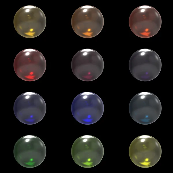Glas verschillende ballen kleurgroep geïsoleerd op zwarte achtergrond — Stockfoto