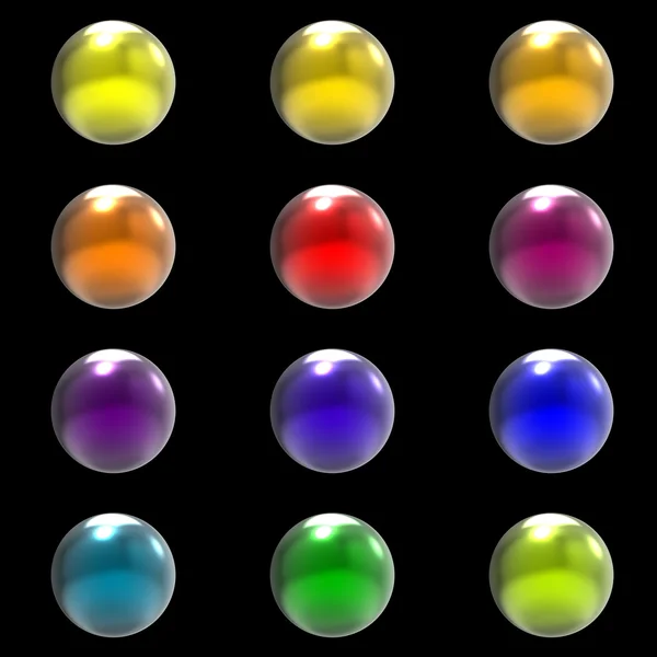 Metallo cromato gruppo di sfere di colore diverso isolato su sfondo nero — Foto Stock