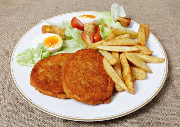 Breaded Chicken steak fries and salad — Stock Photo, Image