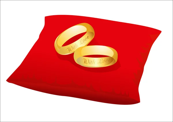 Золоті обручки на червоній атласній подушці, вектор — стоковий вектор