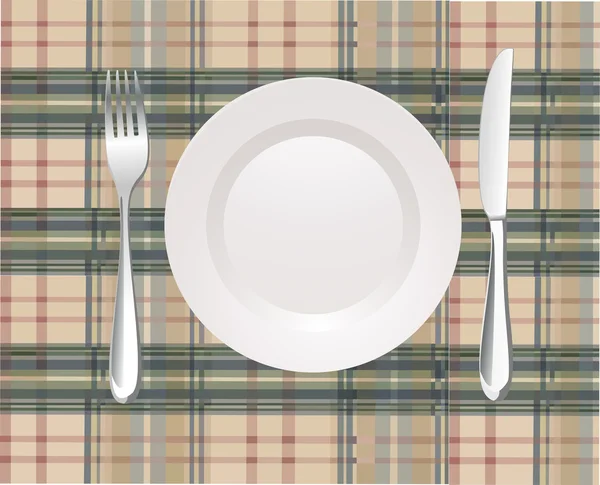 Белая фарфоровая тарелка с серебряной вилкой и ножом — стоковый вектор