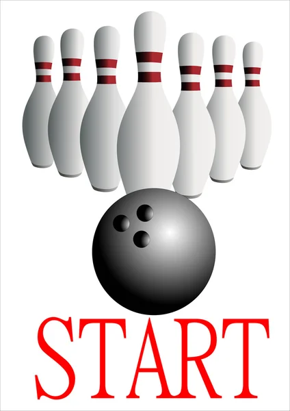 White skittles and black ball on white background, bowling — Stock Vector