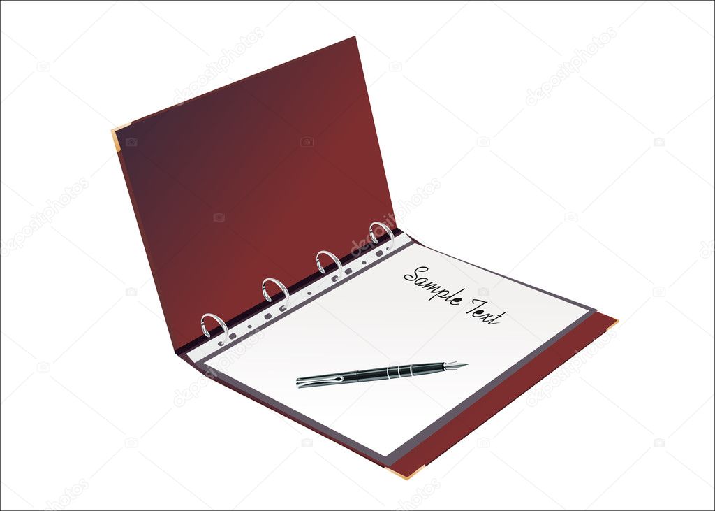 Open personal organizer, with pen, on white background.