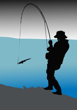Fisherman catches of salmon (pink salmon) on the river mouth. clipart