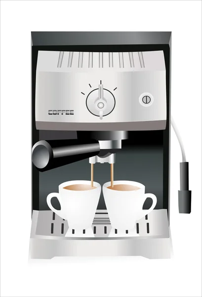 Máquina de café expreso vertiendo espresso en las tazas aisladas en el respaldo blanco — Archivo Imágenes Vectoriales