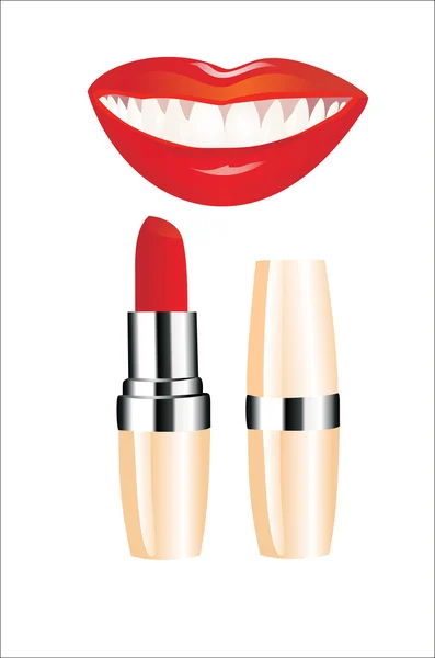 Lipstick and happy female lips over white — Stock Vector