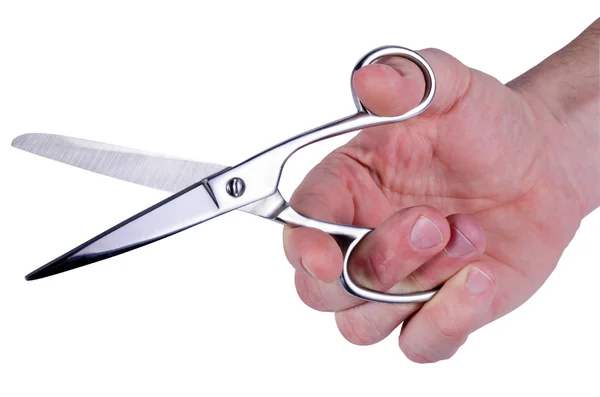 Steel scissors in a man hand — Stock Photo, Image