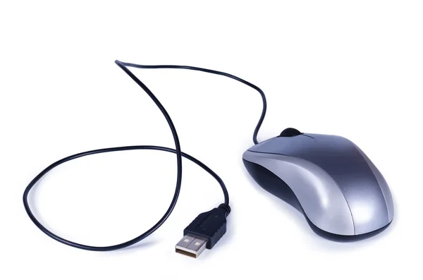 Mouse grigio del computer con cavo di connessione USB — Foto Stock