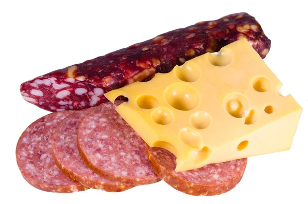 Schweizer Käse mit Löchern einer Salami und der Moskauer Wurst — Stockfoto