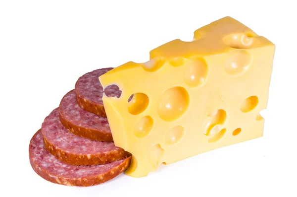 El queso suizo con los agujeros de los trozos de salami — Foto de Stock