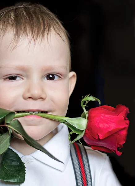 Kleine jongen met rode roos — Stockfoto