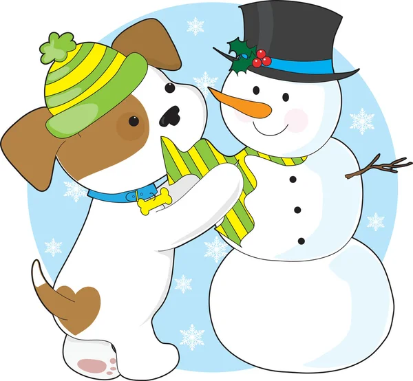 Lindo cachorro y muñeco de nieve — Vector de stock