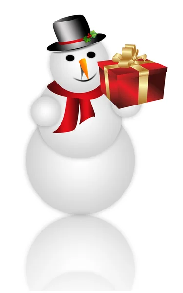 Счастливый снеговик держит подарочную коробку — стоковое фото