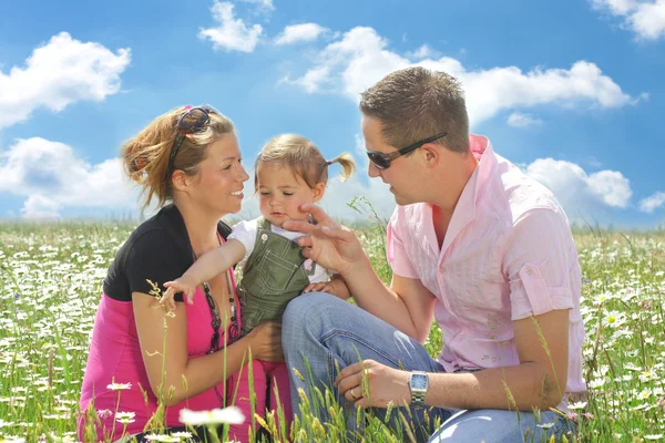 Glückliche Familie im Gänseblümchenfeld — Stockfoto